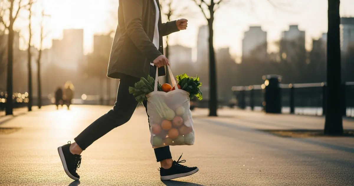Pessoa ativa caminhando ao ar livre com sacola de legumes — mais energia e controle de peso