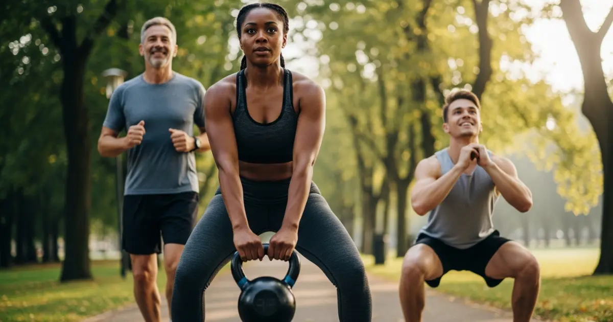 Pessoas praticando treino de força e aeróbico ao ar livre