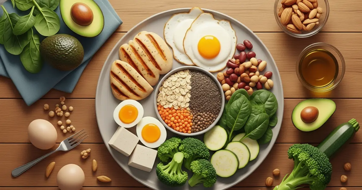 Prato equilibrado com proteínas magras, fibras solúveis, gorduras boas e vegetais