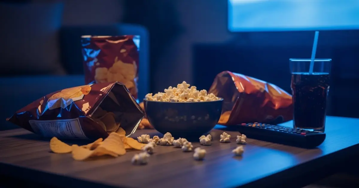 Mesa de centro com pipoca e salgadinhos iluminada pela TV