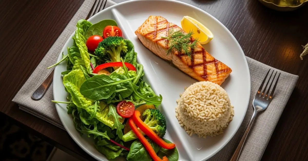 Prato equilibrado em um restaurante com salada colorida, salmão grelhado e arroz integral