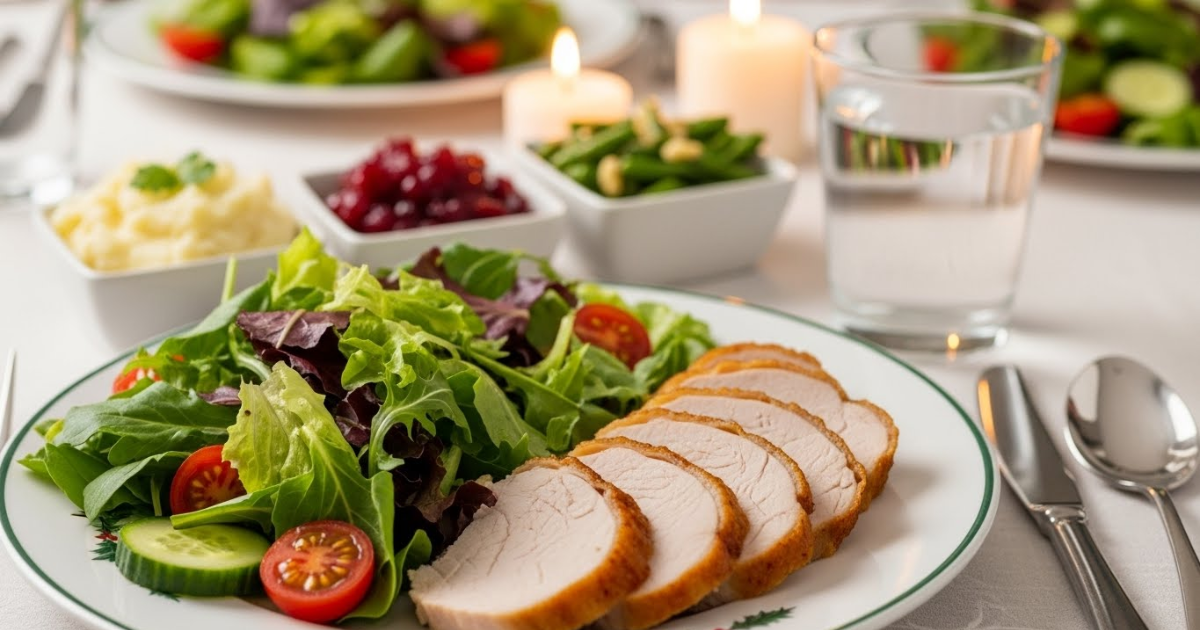 Prato de Natal saudável com salada e peru assado em destaque, mostrando equilíbrio na ceia