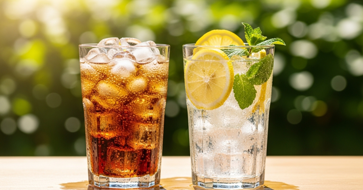 Copo de refrigerante ao lado de copo de água com gás com rodelas de limão e hortelã