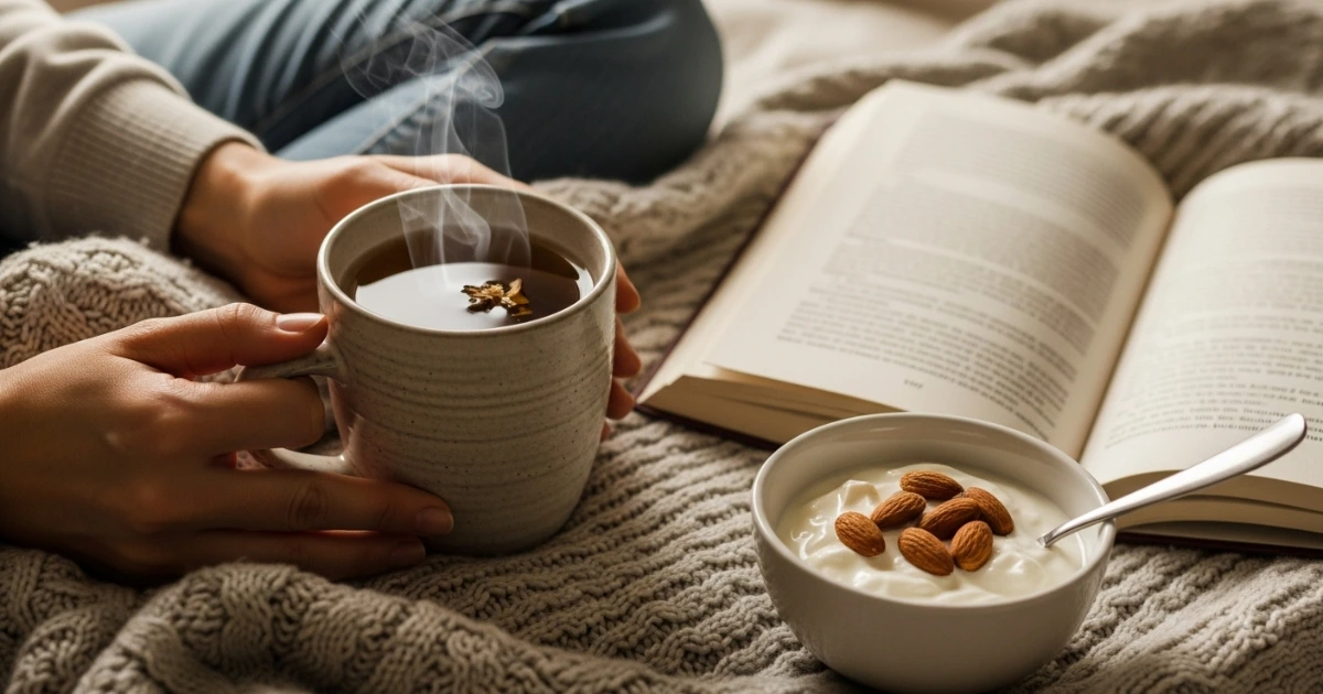 Ritual noturno relaxante com chá e lanche leve para melhorar o sono e controlar a fome