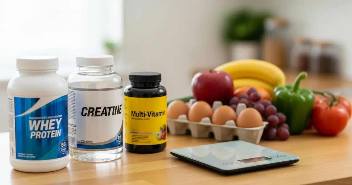 Frascos de suplementos ao lado de alimentos naturais e uma balança