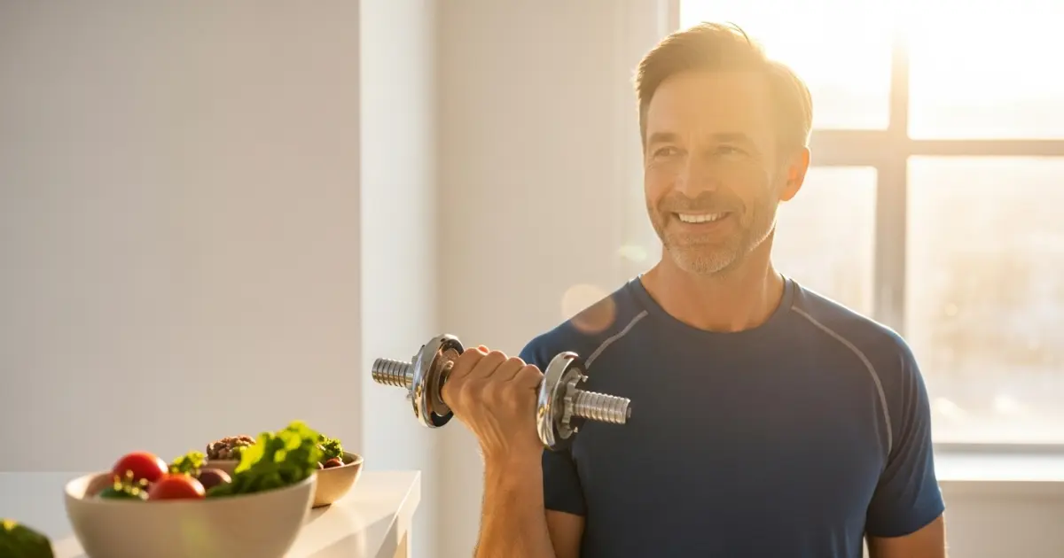 Benefícios da testosterona — ilustração de um corpo com ícones representando músculos, ossos, energia e libido