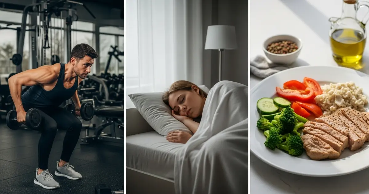 Hábitos que aumentam testosterona — colagem: treino de força, sono e alimentação saudável