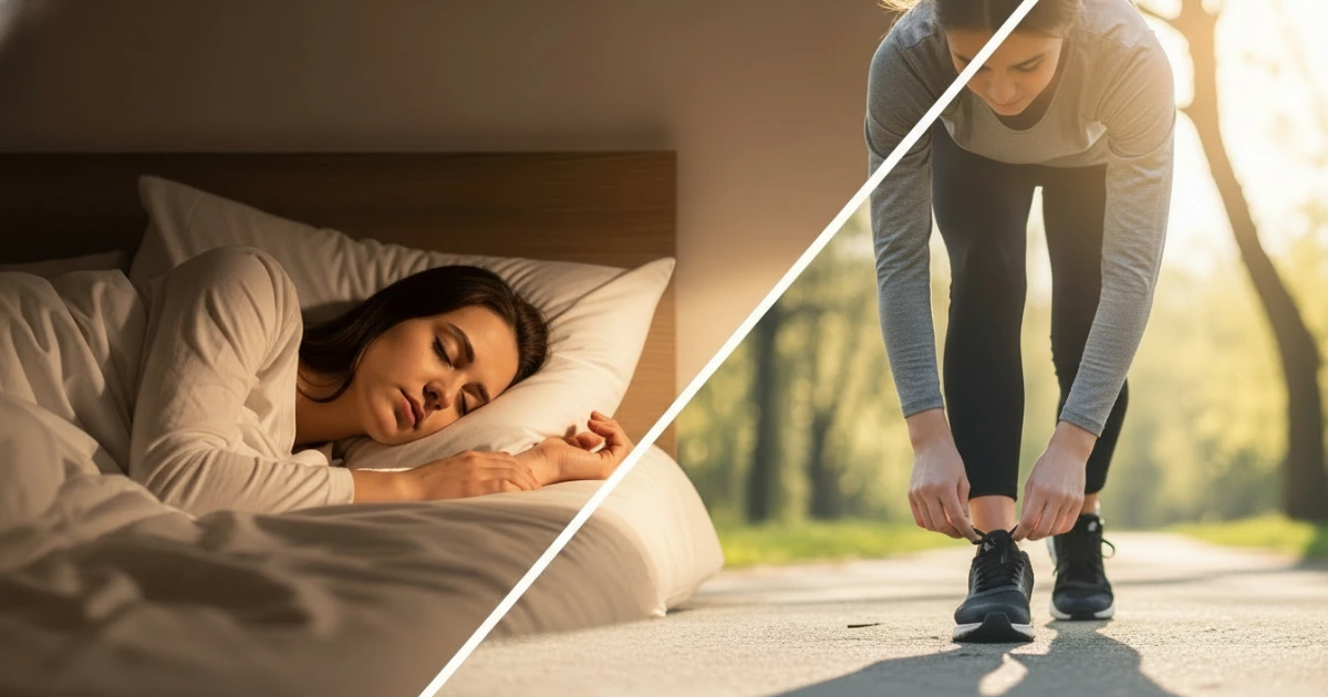 Montagem fotográfica comparando uma pessoa em repouso absoluto dormindo e a mesma pessoa ativa se exercitando ao ar