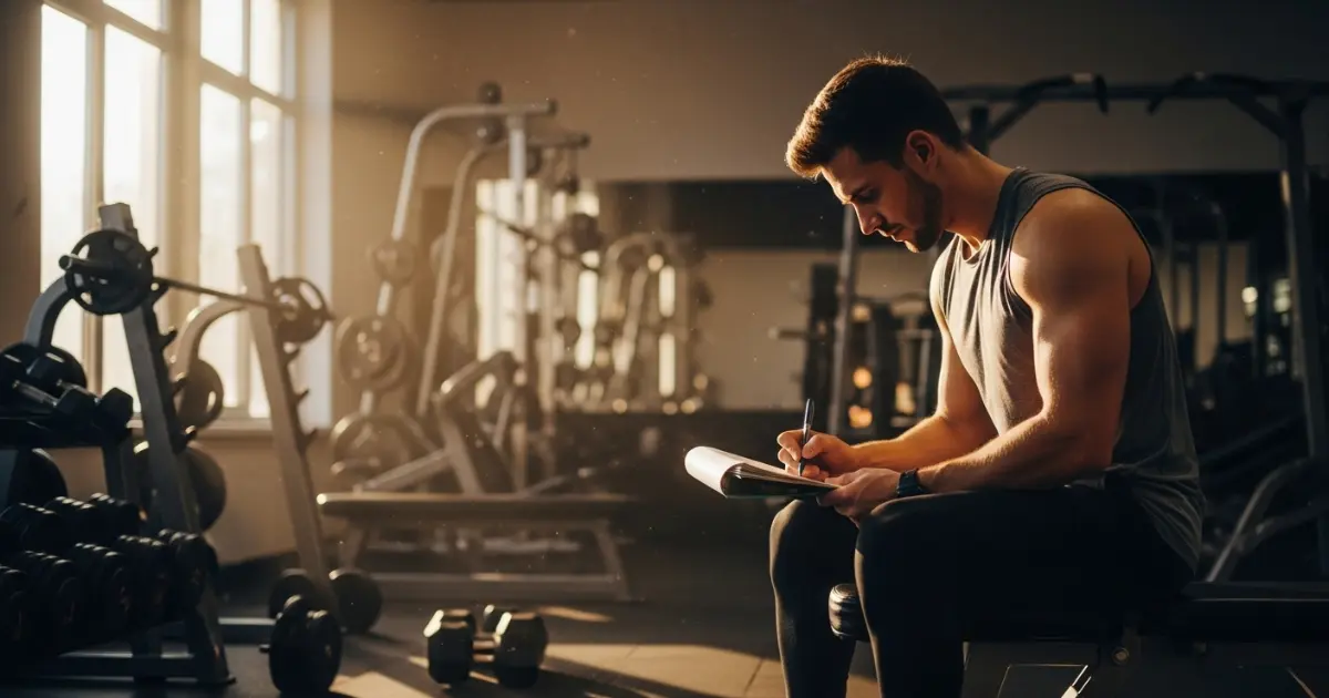 Pessoa anotando progresso de treino na academia